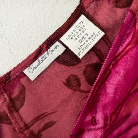 Y2K Faux Satin Charlotte Russe Pink and Red Floral Midi Dress Small Tie Back - Picture 2 of 5